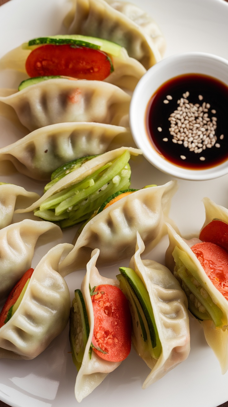 Steaming Chinese Vegetable Dumplings with soy sauce on the side.